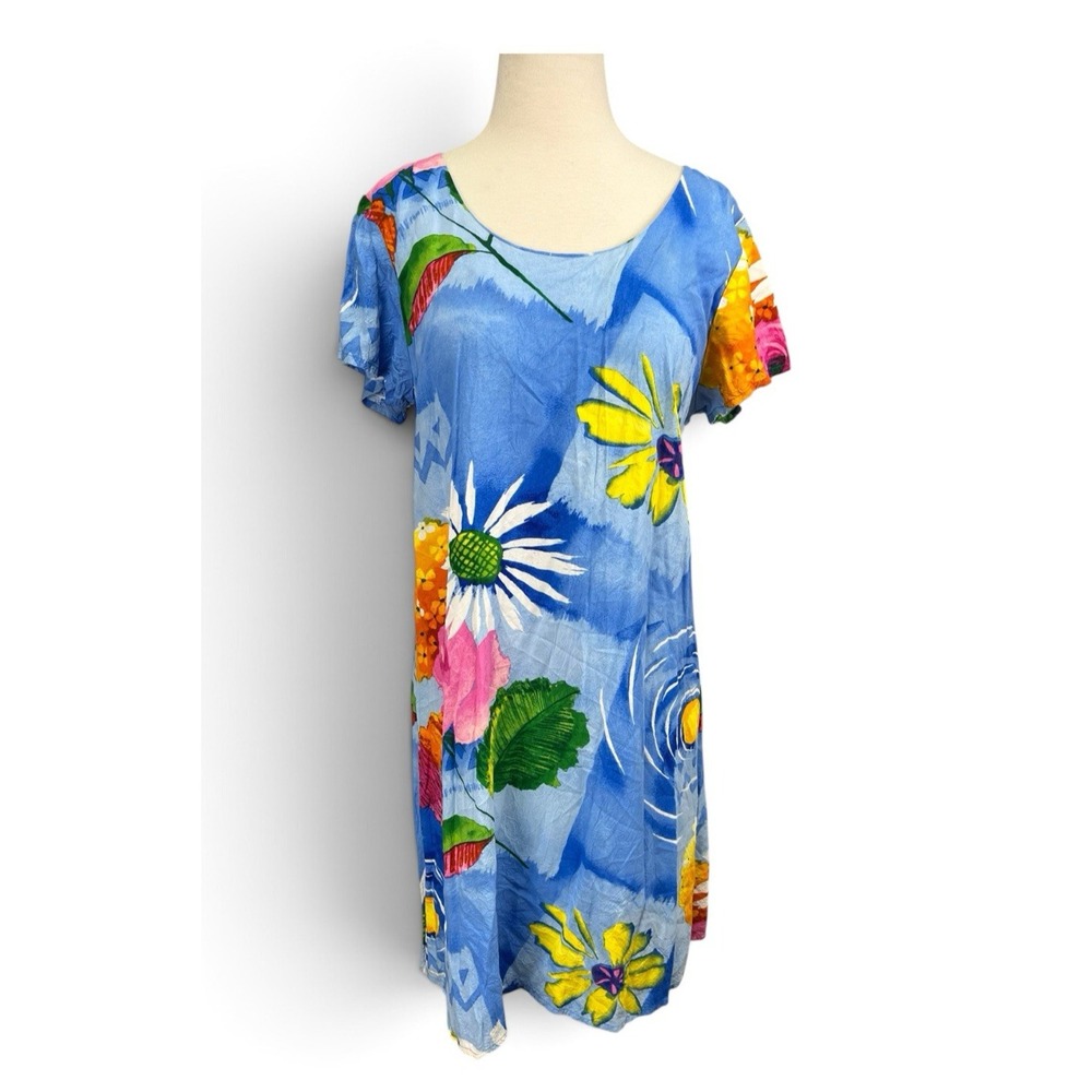 Jams World Hula Moon Ravishing Dress Large Blue Floral Watercolor Sleeve Daisy‎